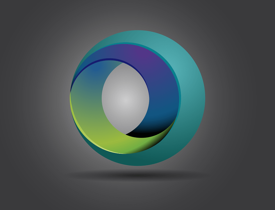 A spherical logo with swirling, multicolored surfaces