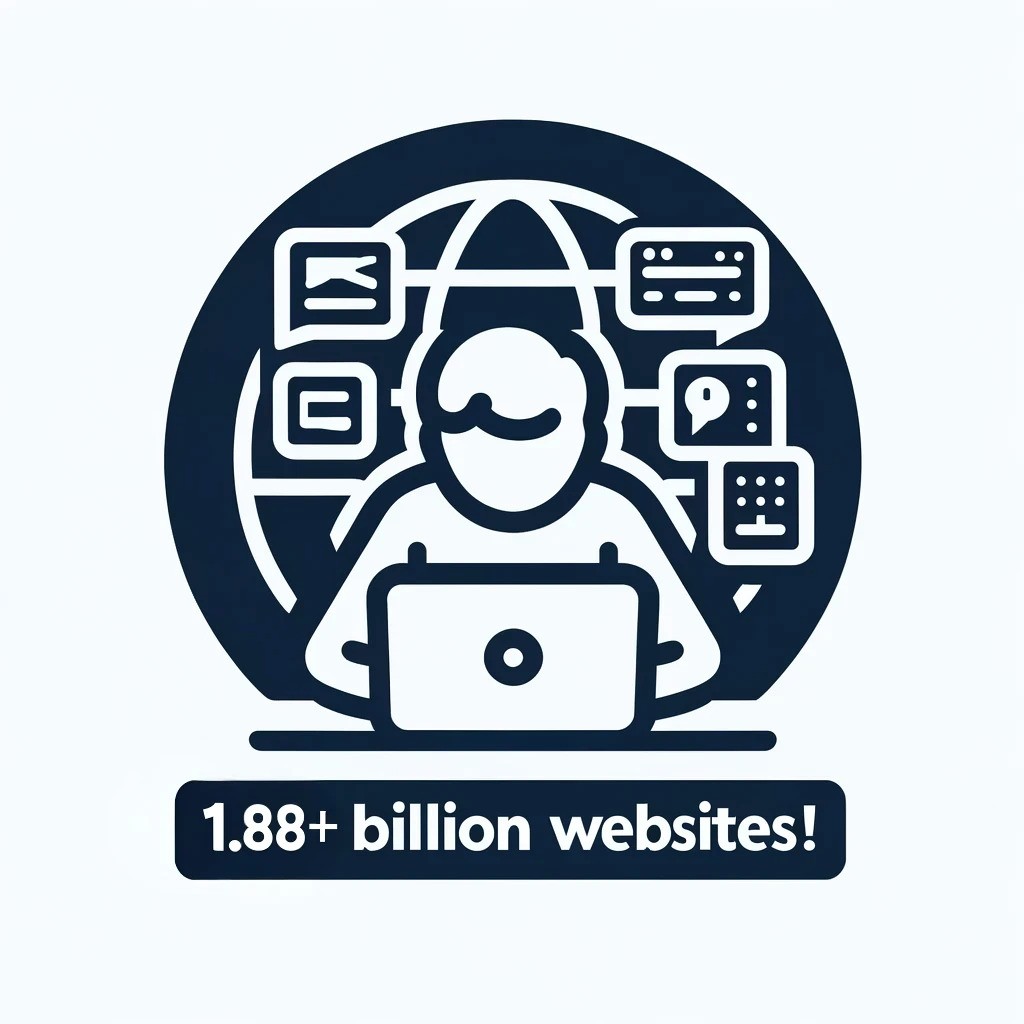 A minimalist flat icon style graphic depicts a person surfing the web on a laptop, surrounded by simple web icons and symbols, representing the vast online world. The graphic prominently features the text, "1.88+ billion websites!" This image illustrates one of the effective ways to promote your website in the vast digital landscape.