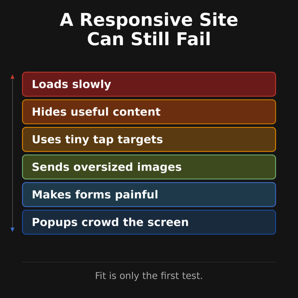 Mobile UX failure stack showing common responsive design problems including slow load time, hidden content, tiny tap targets, oversized images, difficult forms, and crowded popups.