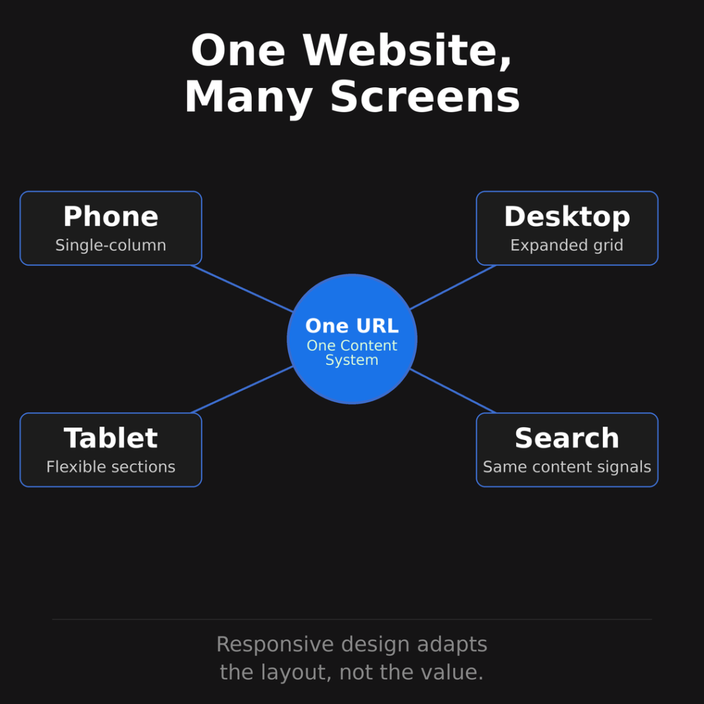 Responsive design system map showing one URL and one content system adapting across phone, tablet, desktop, and search.