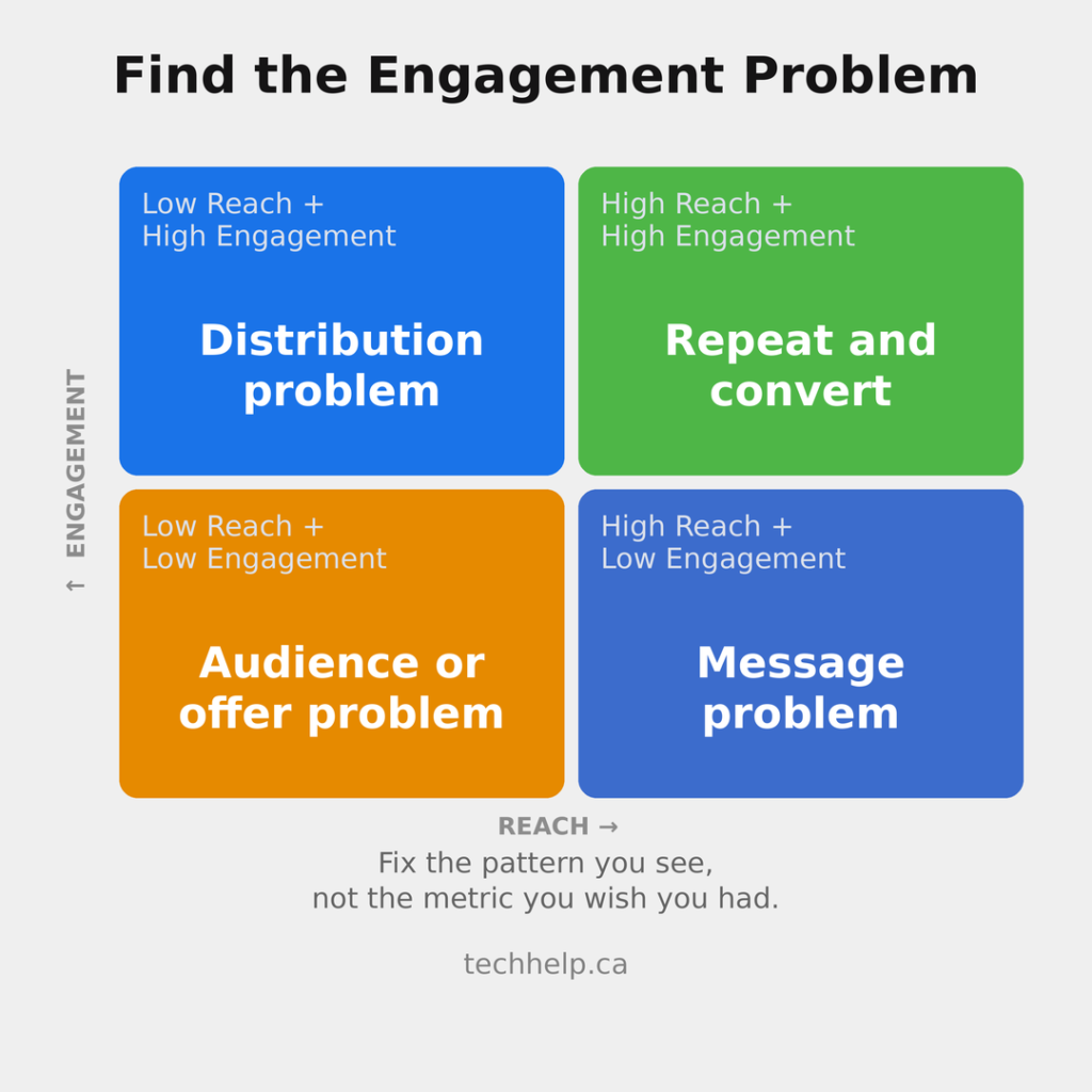 Facebook engagement diagnostic matrix showing how reach and engagement patterns point to distribution, message, audience, or offer problems.