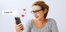 Woman looking at her phone with heart icons and a “Love it!” speech bubble.