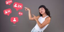 Woman pointing toward floating social media follower icons showing counts including 10K, 2K, 1K, and 10.