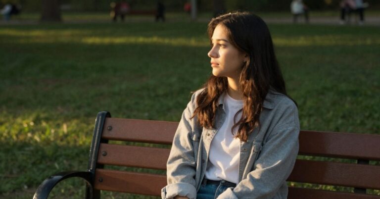 Woman sitting alone on a park bench, representing isolation linked to social media addiction.