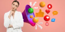 How social media marketing helps grow your business Woman standing beside colorful social media icons, including likes, hearts, comments, notifications, and video symbols.