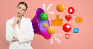 Woman standing beside colorful social media icons, including likes, hearts, comments, notifications, and video symbols.