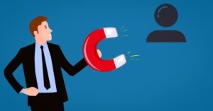 Illustration of a businessman holding a red magnet that attracts a customer icon, representing customer attraction.