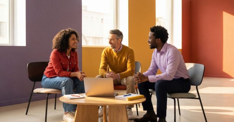 Three professionals discussing landing page strategy around a laptop in a bright, modern meeting space.