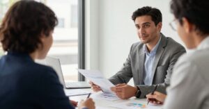 Business professionals reviewing reports and charts during a meeting about KPI performance and revenue metrics.