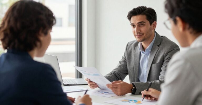 Business professionals reviewing reports and charts during a meeting about KPI performance and revenue metrics.