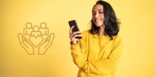 Smiling woman in a yellow sweater looking at her smartphone beside a customer care icon, representing social media customer support and customer trust.
