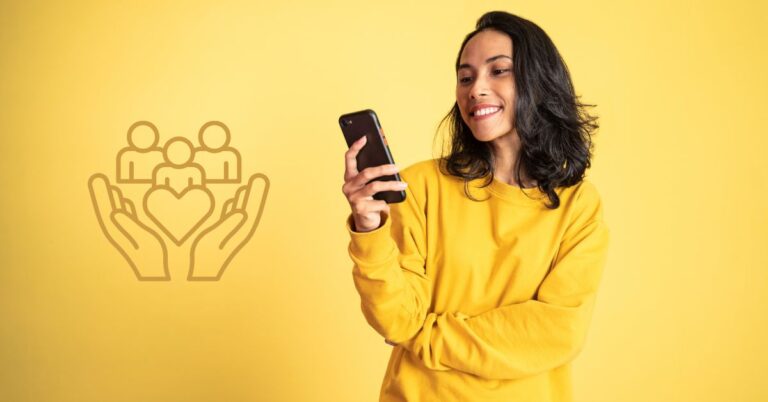 Smiling woman in a yellow sweater looking at her smartphone beside a customer care icon, representing social media customer support and customer trust.