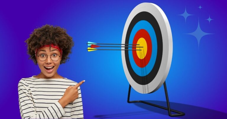 Woman pointing excitedly at arrows hitting a target, representing a focused influencer outreach strategy