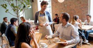 Server taking an order from customers in a busy café with people dining in the background.