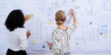 9 creative ways to market your business without a huge budget Two women reviewing charts, notes, and marketing plans displayed on a wall.