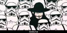 Black-and-white mural featuring rows of helmeted sci-fi figures surrounding a central masked figure in a black hat and cloak.