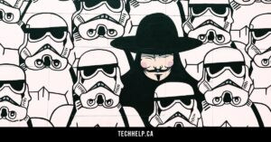 Black-and-white mural featuring rows of helmeted sci-fi figures surrounding a central masked figure in a black hat and cloak.