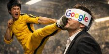 Meme-style image of a martial artist in a yellow jumpsuit kicking a blindfolded businessman wearing a Google blindfold