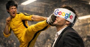 Meme-style image of a martial artist in a yellow jumpsuit kicking a blindfolded businessman wearing a Google blindfold