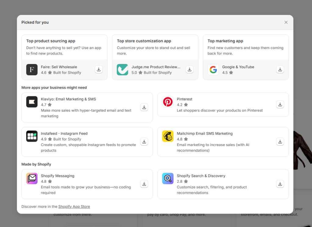 Apps recommended inside the Shopify admin
