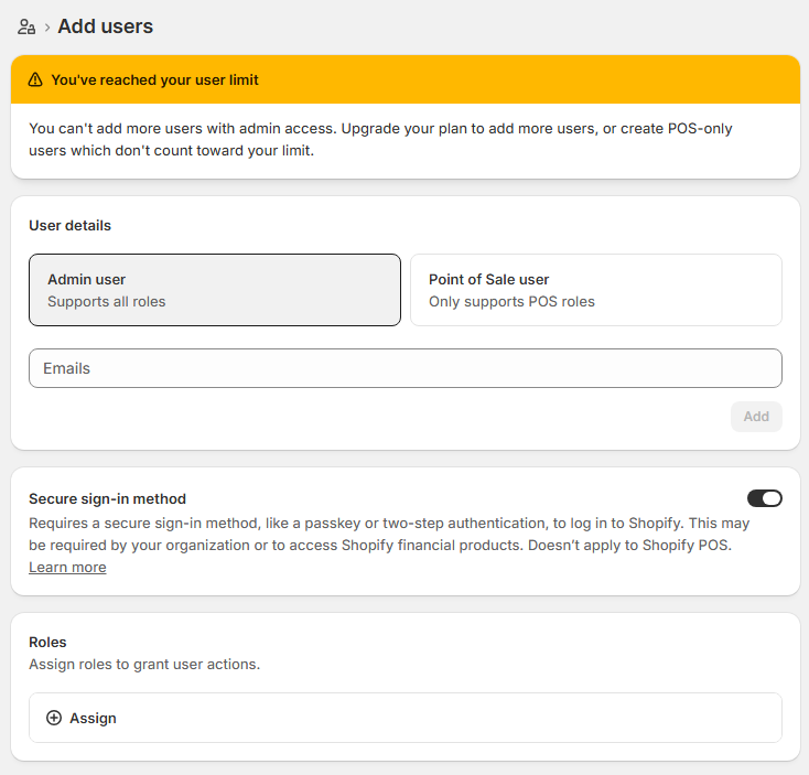Shopify admin user-limit warning