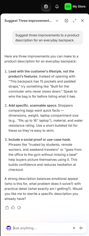 Shopify Sidekick suggesting improvements to a product description