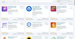 WordPress plugin directory showing Rank Math, All in One SEO, Yoast SEO, and SEOPress.