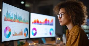 Marketing professional reviewing website traffic and performance charts on multiple computer screens.