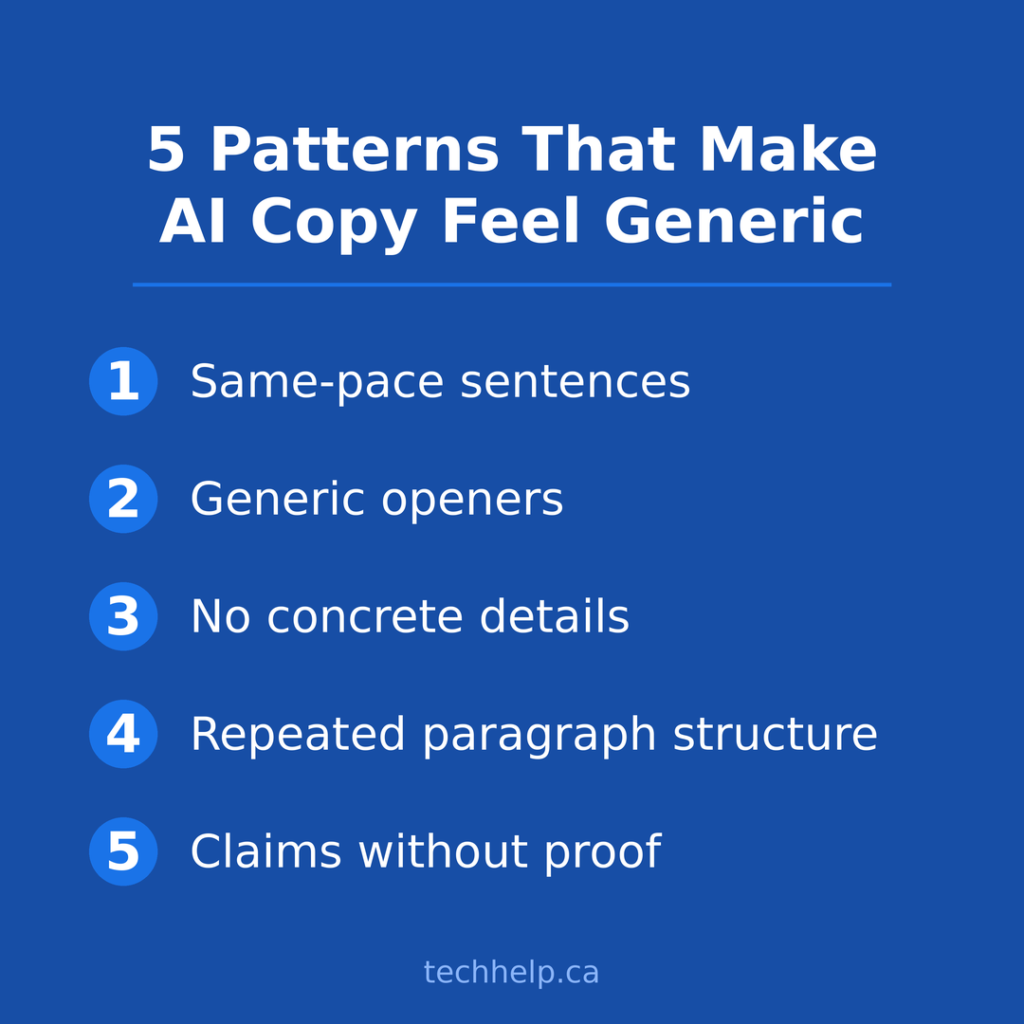 Infographic listing five patterns that make AI copy feel generic, including same-pace sentences, generic openers, no concrete details, repeated paragraph structure, and claims without proof.