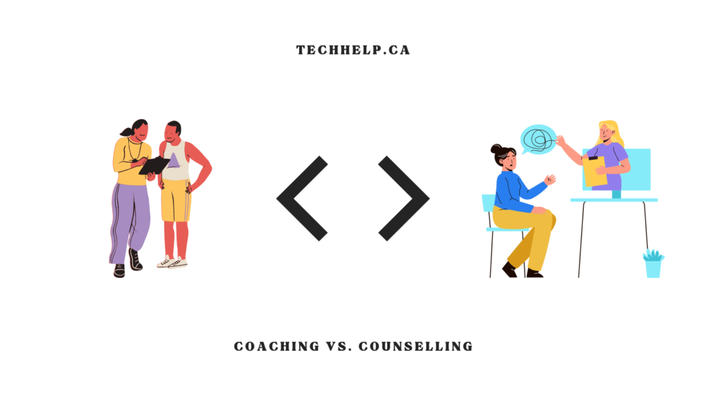 An image with two illustrations and text that reads coaching vs counselling