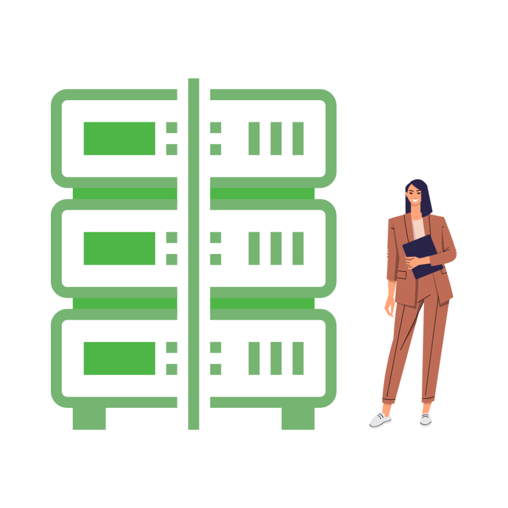A confident professional woman stands next to a stylized representation of green-lit server racks, symbolizing robust and efficient VPS hosting solutions.