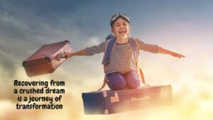 Image of a joyful young girl wearing a pilot's cap and goggles, seated on flying suitcases against a bright sky background, symbolizing the uplifting journey of transforming a crushed dream into a new adventure.