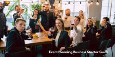 A group of people raising glasses in a toast at an event, with an overlay text that reads "Event Planning Business Starter Guide," suggesting a celebration of new beginnings for those learning how to start an event planning business