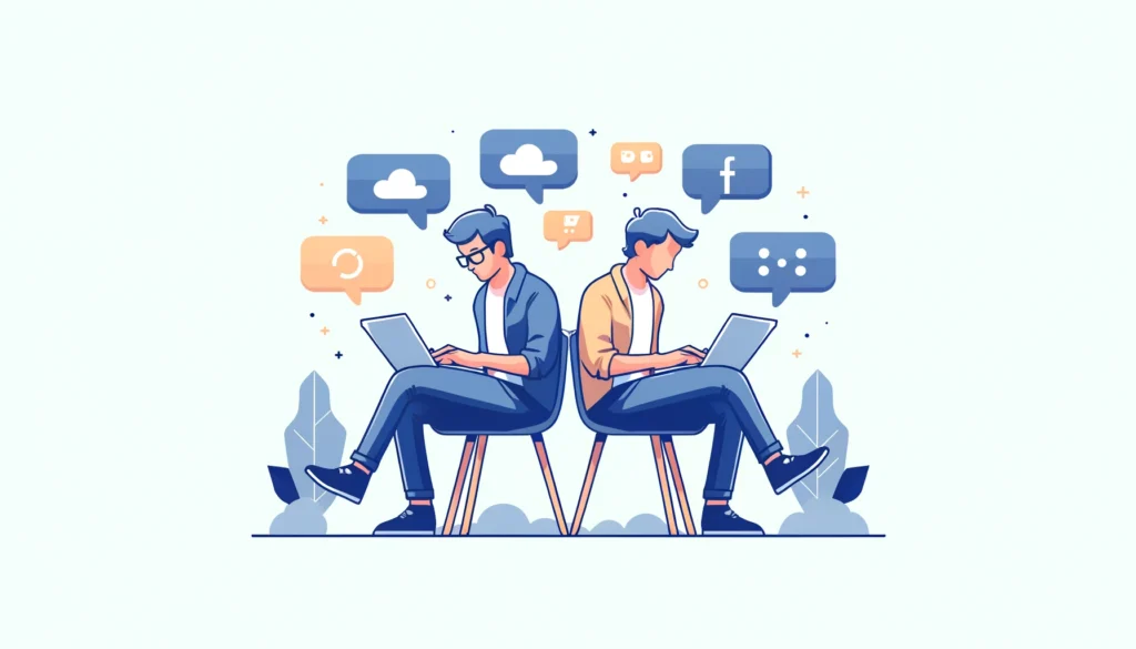 Two professionals intently working on laptops side by side, symbolizing the collaboration between social media marketing and digital marketing strategies, set against a minimalist background adorned with digital and social media icons.