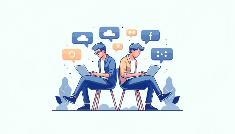 Two professionals intently working on laptops side by side, symbolizing the collaboration between social media marketing and digital marketing strategies, set against a minimalist background adorned with digital and social media icons.