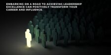 A graphic illustration shows a group of dark-colored figures, with one figure in the foreground glowing brightly. The glowing figure stands out as a leader among the others, illustrating the significance of leadership excellence.