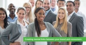 A diverse group of professionals smiling confidently, illustrating the concept of brand association as they represent the link between your brand and your diverse consumer base.