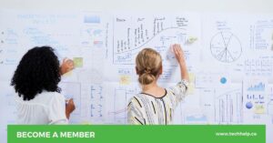 Two women strategizing at a wall filled with charts and diagrams, illustrating the evolution of marketing