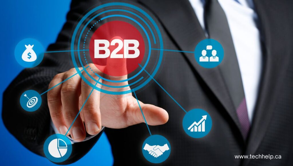 A businessperson touches a digital interface with icons representing a "B2B Sales Funnel."