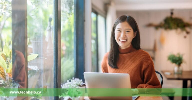 Smiling woman using a laptop in a cozy, plant-filled café, representing productivity and comfort, as discussed in our MacBook Air M3 review.