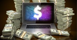 A laptop with a glowing dollar symbol on the screen is surrounded by stacks of cash, symbolizing financial growth. The image represents the concept of generating passive income, aligning with the title '25 Ways to Make Money While You Sleep.