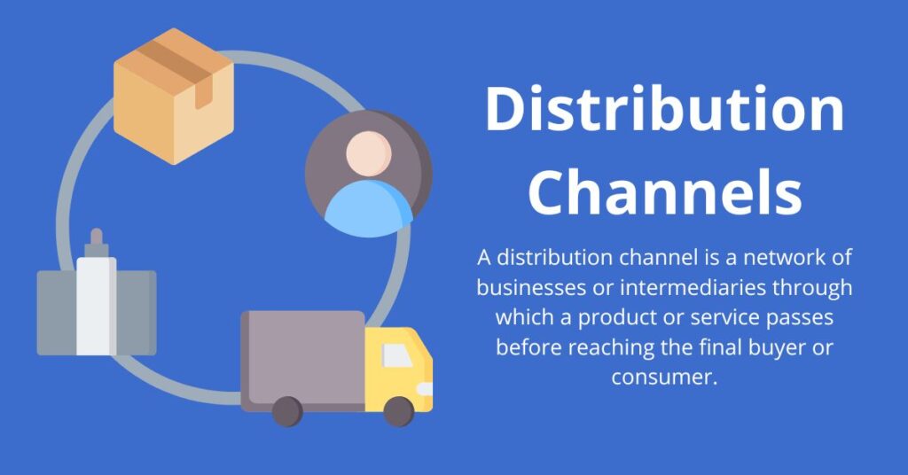 Distribution Channels" features a simple and clear visual representation on a blue background. It includes icons of a package, a user, a truck, and a building, all connected in a circular loop, symbolizing the flow of goods or services through a distribution channel. The text on the right side defines a distribution channel as "a network of businesses or intermediaries through which a product or service passes before reaching the final buyer or consumer." This image is optimized for the keyword "Distribution channels" and effectively communicates the concept of distribution channels in a visually engaging way.