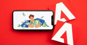 Illustration representing Adobe greed, featuring a cartoon character surrounded by money alongside Adobe logos on a red backdrop.