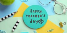 Colorful stationery surrounding a circular card with 'Happy Teacher's Day' written on it, celebrating World Teachers Day.