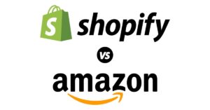 Logo comparison of Shopify and Amazon showcasing "Shopify vs Amazon" in a side-by-side format. The Shopify logo is on top in green, while the Amazon logo is below in black with the iconic orange arrow, illustrating a visual debate on which e-commerce platform is best for business.