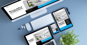 The image showcases a multi-device display of responsive web design with 'Beautiful websites' visible on all screens, illustrating the versatility of WordPress vs. WP Engine in delivering optimized websites across devices. It emphasizes the adaptability and visual appeal of modern web development platforms.