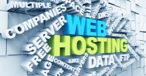 3D text collage with prominent words 'WEB HOSTING' in green and blue, surrounded by related terms like 'COMPANIES,' 'SERVER,' 'DATA,' 'FTP,' and 'INTERNET.' Optimized for the keyword 'how to choose a hosting service.