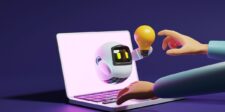 3D illustration of a robotic AI assistant emerging from a laptop screen, holding a light bulb to symbolize an idea, representing Claude's role in computer use and AI support.