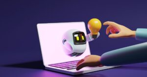 3D illustration of a robotic AI assistant emerging from a laptop screen, holding a light bulb to symbolize an idea, representing Claude's role in computer use and AI support.