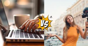 Split image comparing blogging vs. vlogging, with "VS" in a comic-style burst in the center. The left side shows a person typing on a laptop with a coffee cup in the background, representing blogging. The right side shows a woman outdoors, smiling and holding a camera with a microphone, representing vlogging.